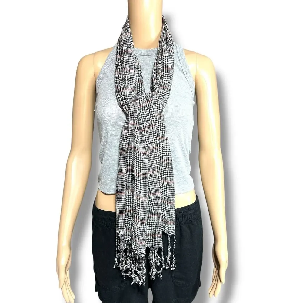 Womens Plaid Scarf Wrap with Fringe Black White and Red Rectangle Lightweight